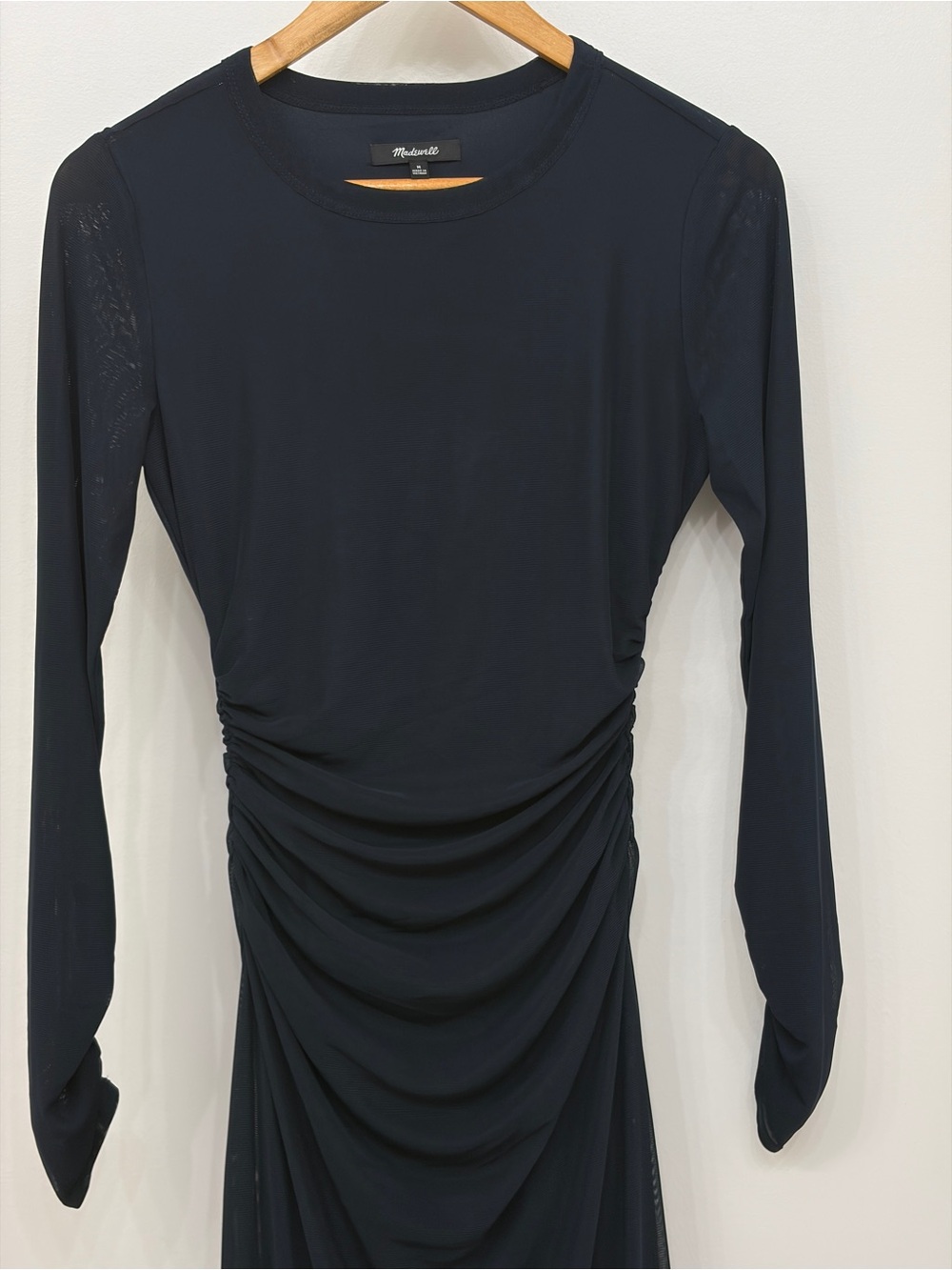 Madewell Navy Blue Long-Sleeve Ruched Midi Dress sheer mesh layers sz medium - Picture 7 of 12